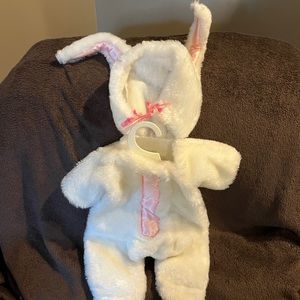 Handmade Easter bunny suit with pink satin ears and feet, velcro 6 9 12 mo